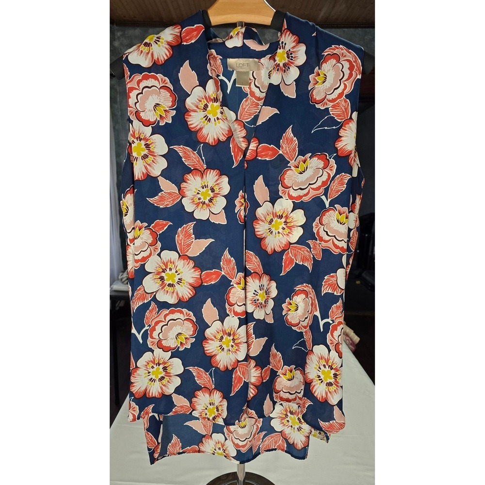 Loft Womens Large Floral Sleeveless Blouse Navy Blue Pink‎ High Low Hem